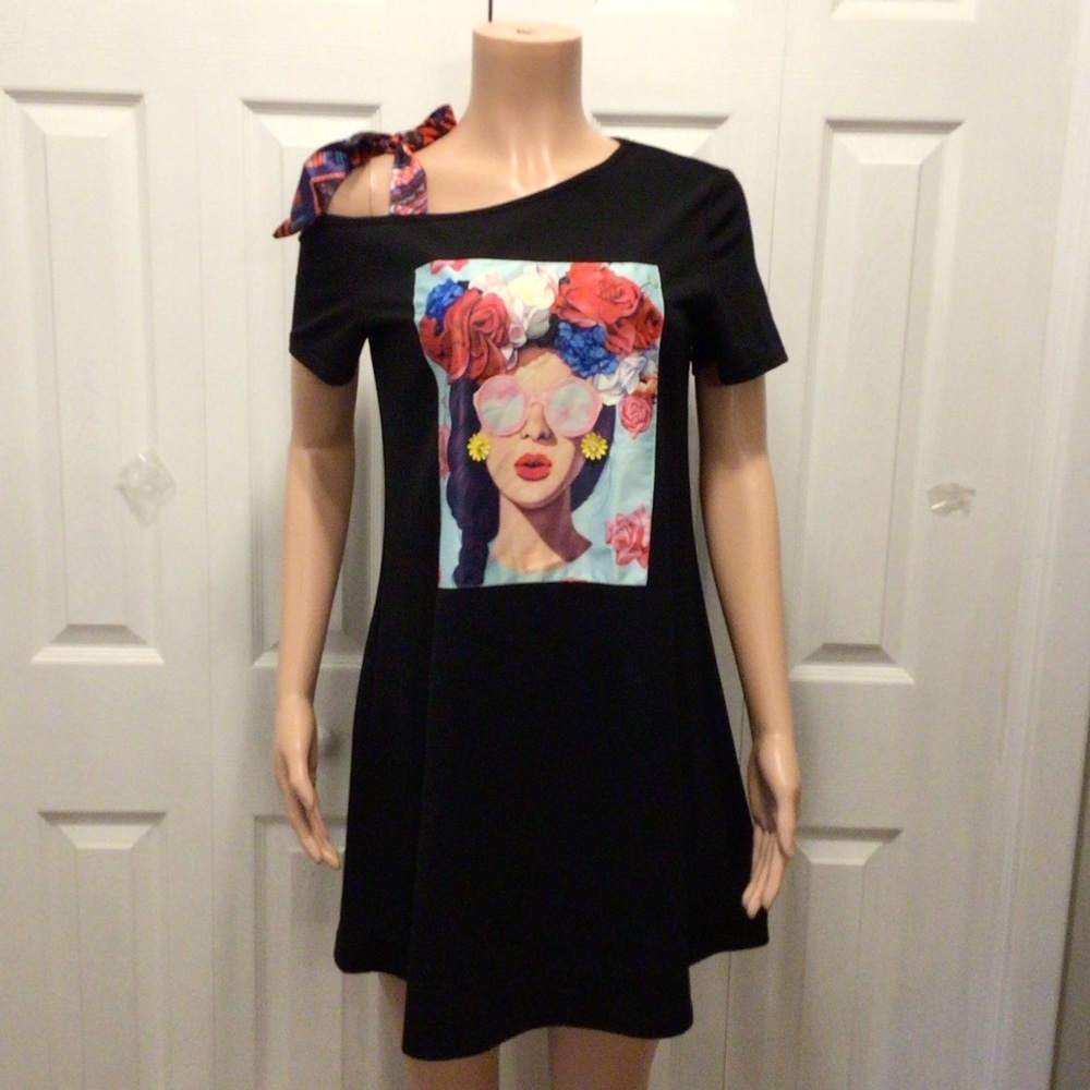 Shein Bow Knot Strap Black Asymmetrical Neck Figure Print Dress Size Medium